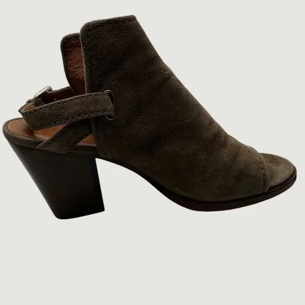Frye Olive Green Suede Peep Toe Slingback Block Heel Shooties 9.5M 3471228-DTP